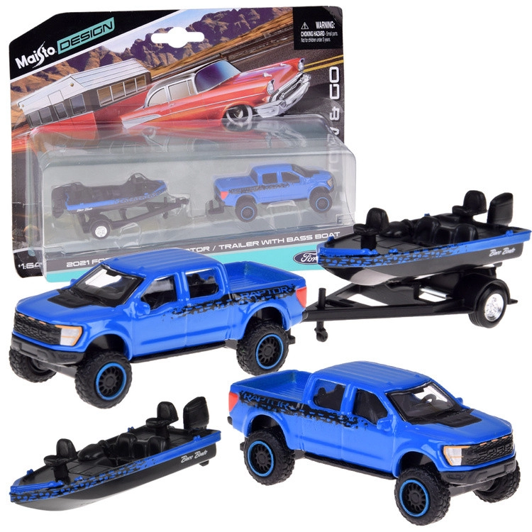 Engedéllyel rendelkező fém autó 1:64 – Ford F-150 SVT Raptor 2021 csónak utánfutóval