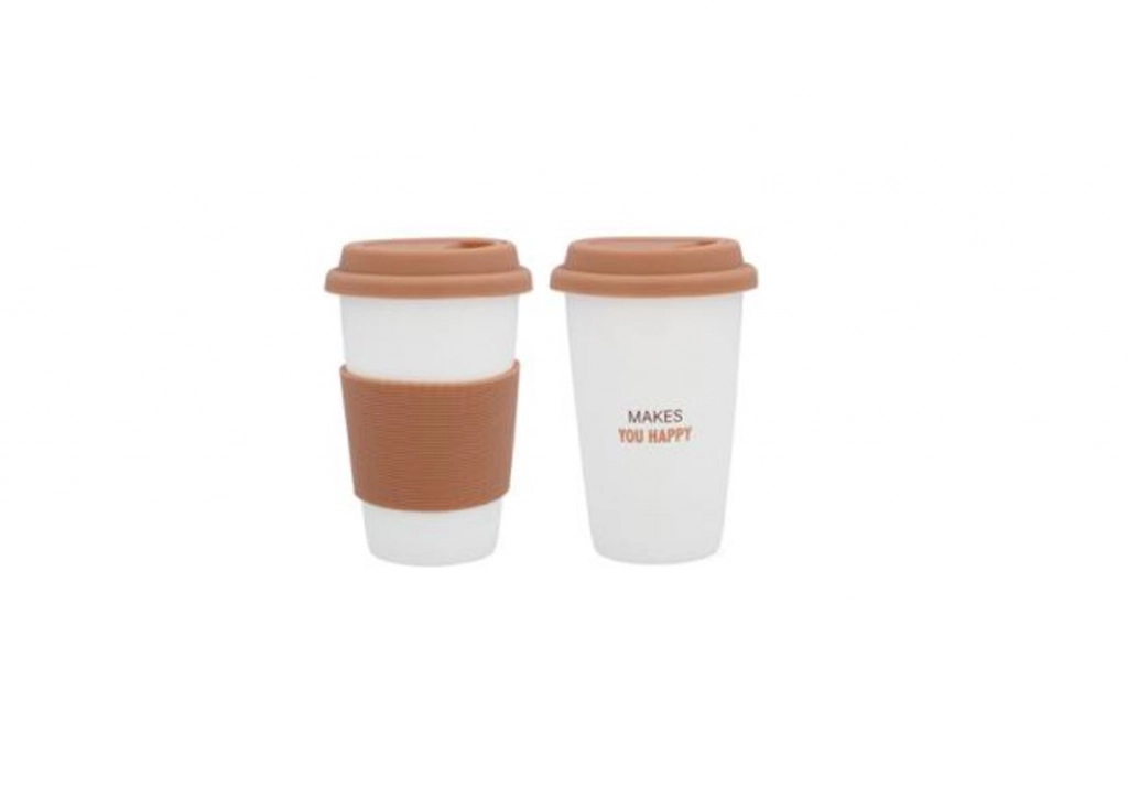 Porcelán utazó kávés pohár, szilikonos fogórésszel- 390ml -fehér/barna