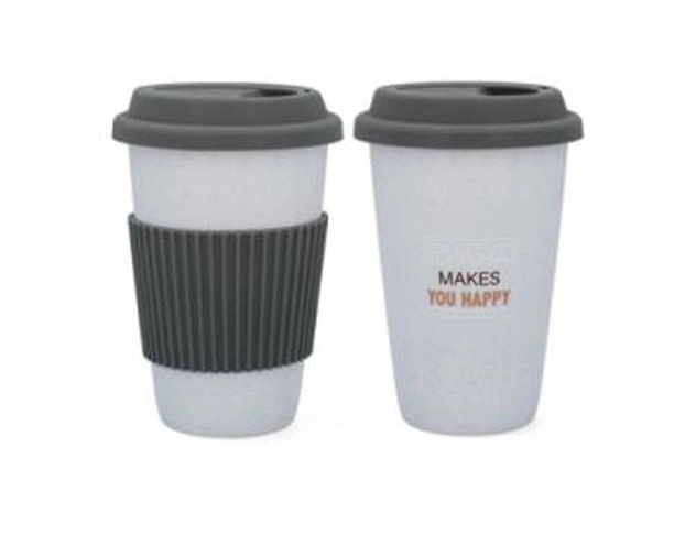 Porcelán utazó kávés pohár, szilikonos fogórésszel- 390ml -szürke/fehér