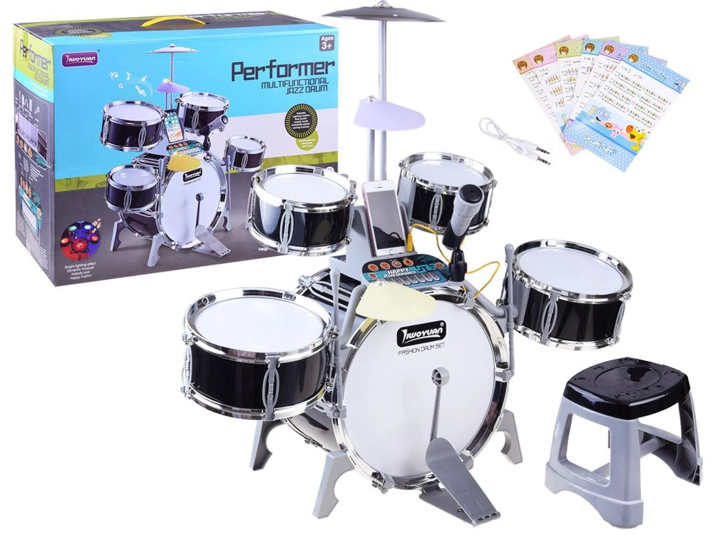 Gyermek dobkészlet fekete színben mikrofonnal és audio kábellel ( 5 dobból álló készlet ) kis székkel