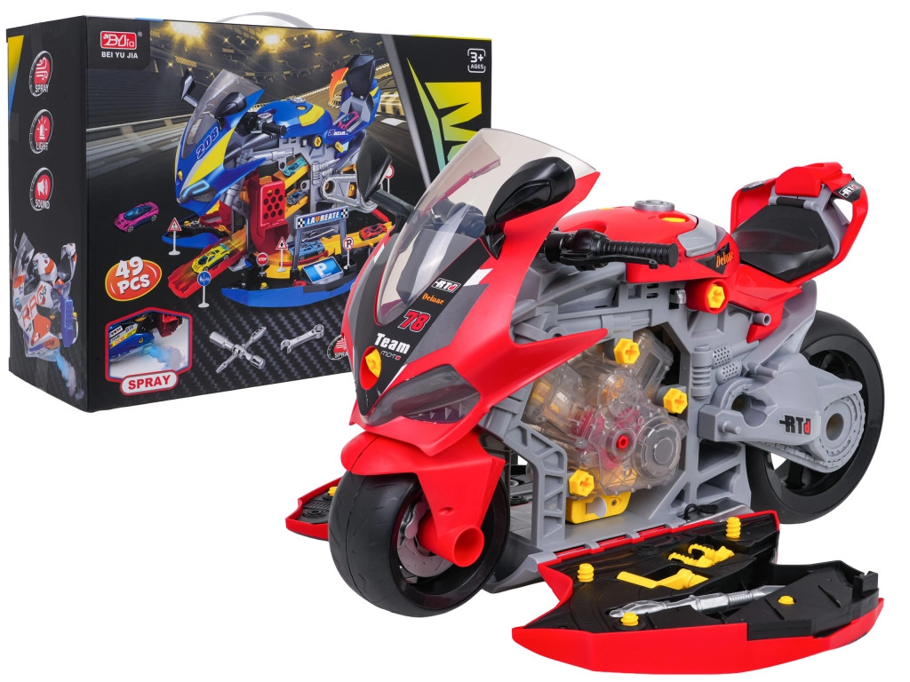 2 az 1-ben játék, egy nagy motorkerékpár műhellyel