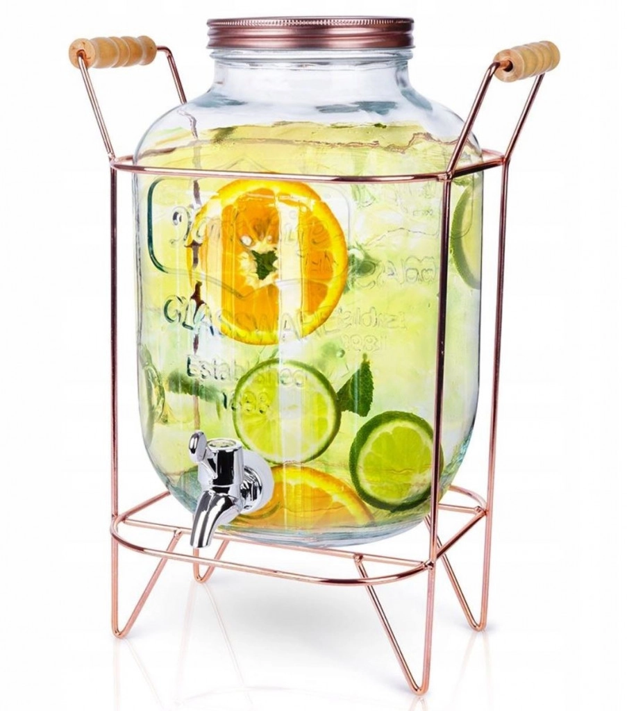 Limonádés üveg, italadagoló csappal,rose gold színű fém állvánnyal 5l-es