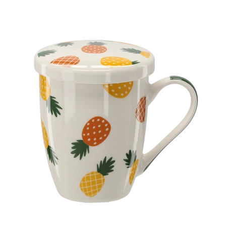 Porcelán bögre fedővel és szűrővel ananász mintás 340 ml