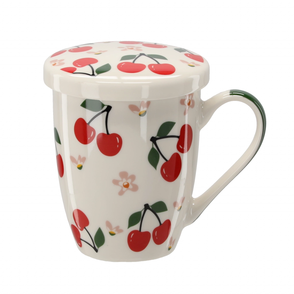 Porcelán bögre fedővel és szűrővel cseresznye mintás 340 ml