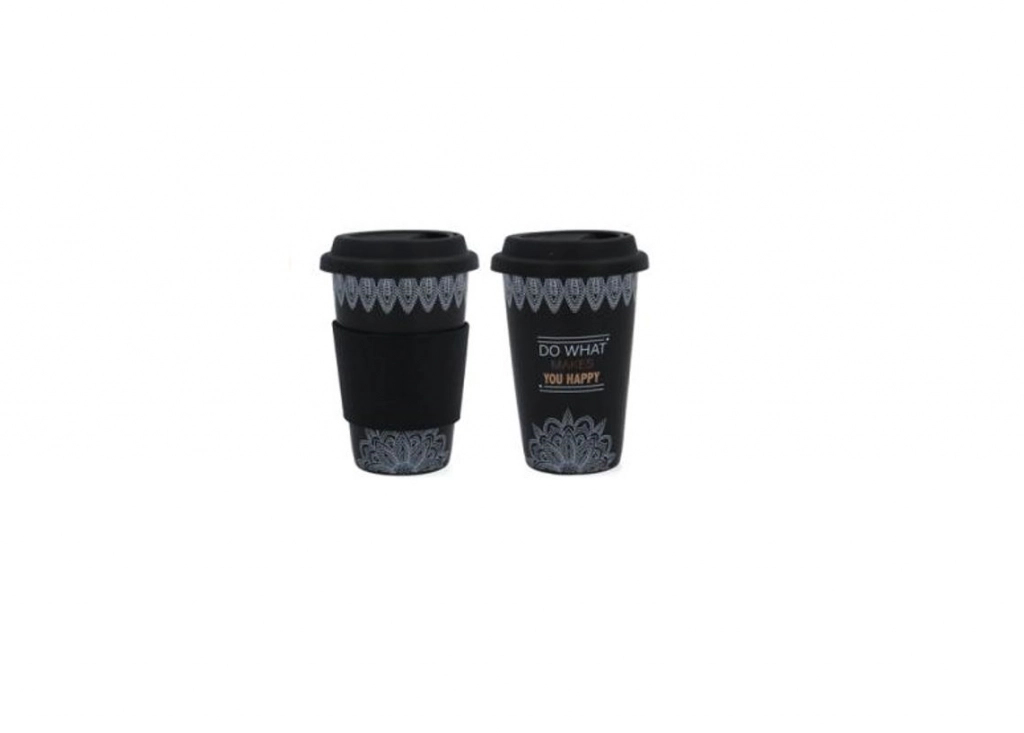 Porcelán utazó kávés pohár, szilikonos fogórésszel- 390ml -fekete