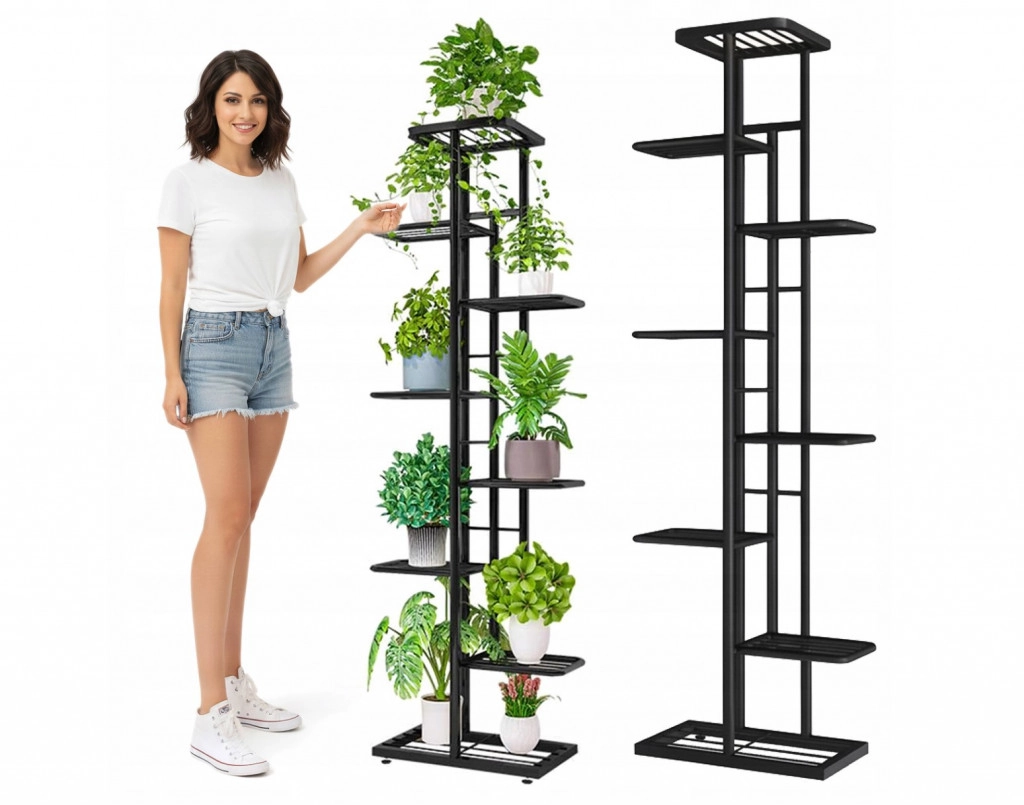 8 szintes virágtartó állvány – fém – fekete – 141 cm