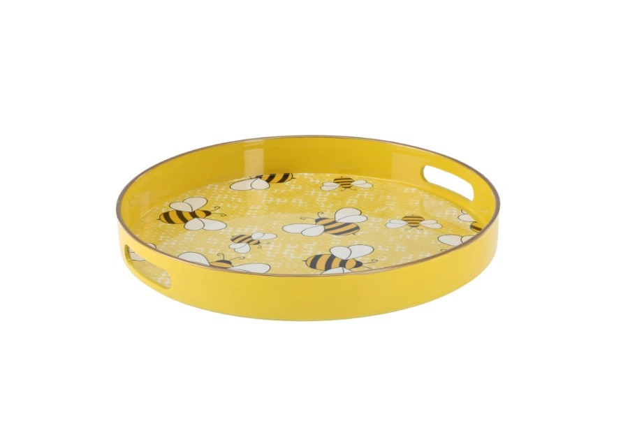 Méhecskés kerek tálca füllel 33×33 cm – sárga mintával